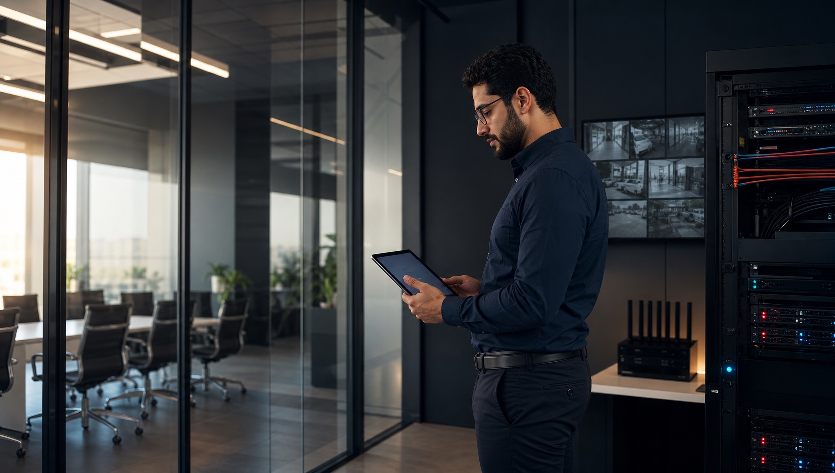 Easylink technical specialist reviewing a connected office and security environment