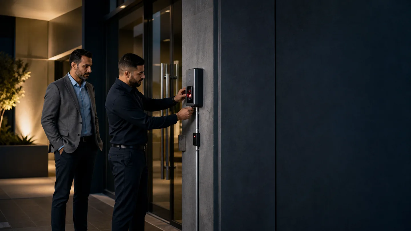 Employee using a biometric access-control device at a secured entrance